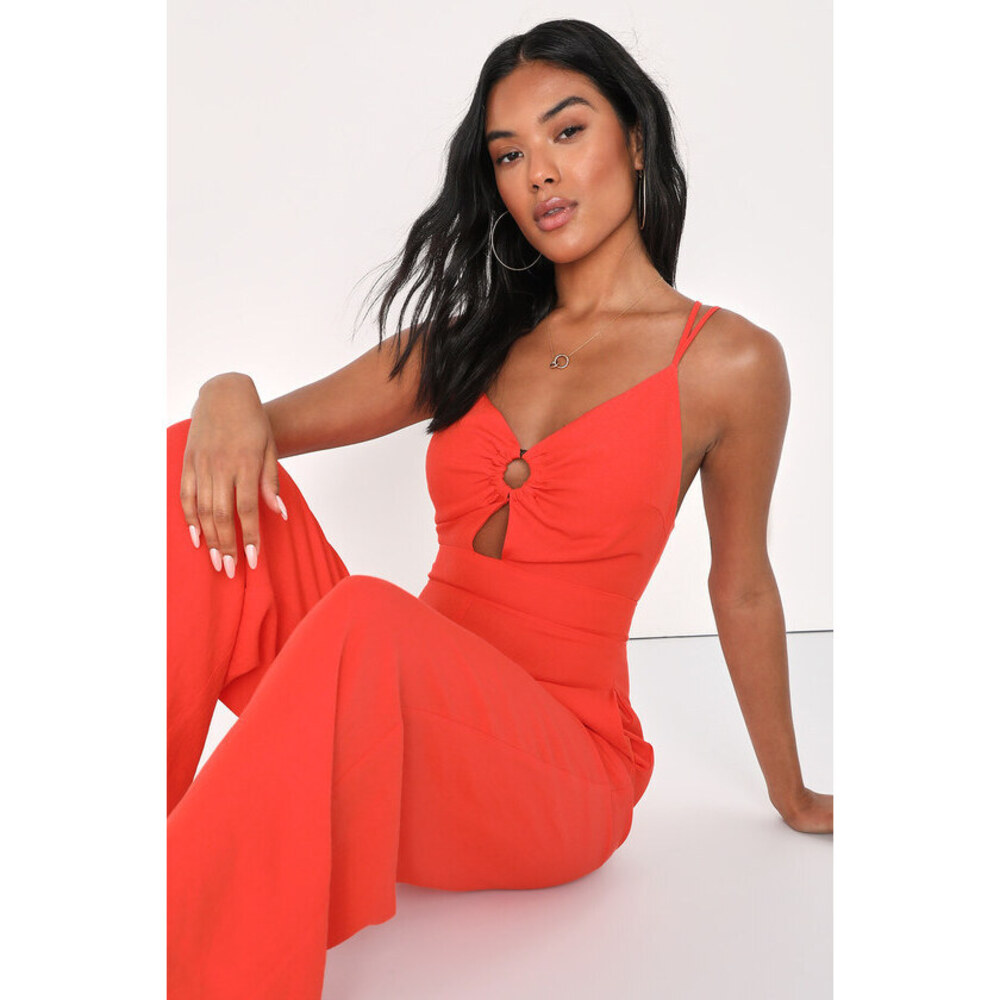 Lulus Exceptional Impression Coral Orange Cutout Wide Leg Jumpsuit - Size XL
